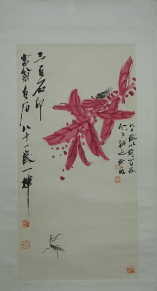 A signed Chinese watercolor on paper painting featuring a cicada and praying mantis nearly doubled its high estimate, soaring to $3,933. 888 Auctions image.